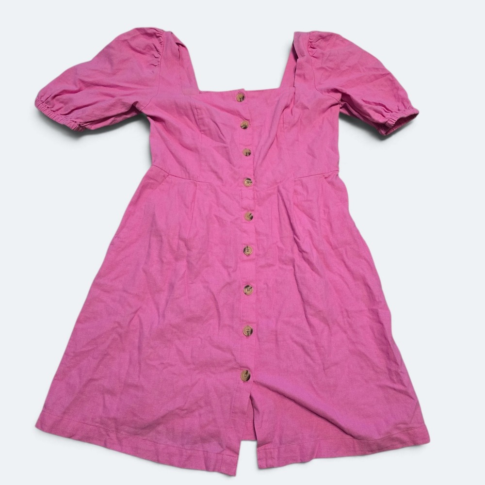 Old Navy Pink Linen Blend Puff Sleeve Button Front Smocked Mini Dress XS